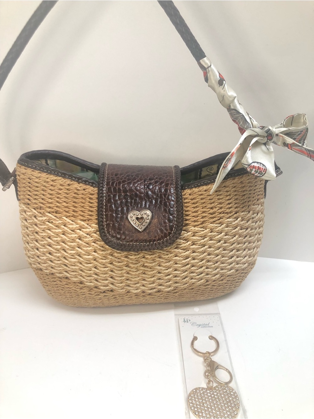 Brighton Straw Shoulder Bag with Brown Leather Trim Includes bag scarf and Charm